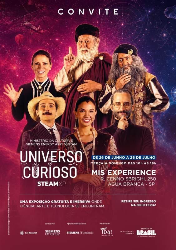 Santos Dumont, Tarsila do Amaral e Steve Jobs convidam para visita guiada na exposição UNIVERSO CURIOSO Steam XP! Pela 1ª vez na cidade, de 26/6 a 26/7 no MIS Experience